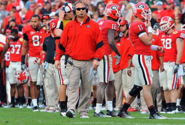 TAMPA, FL - JANUARY 02: Coach Mark Richt of the Georgia Bulldogs  watches play against the Michigan State Spartans in the Outback Bowl January 2, 2012 at Raymond James Stadium in Tampa, Florida. (Photo by Al Messerschmidt/Getty Images)