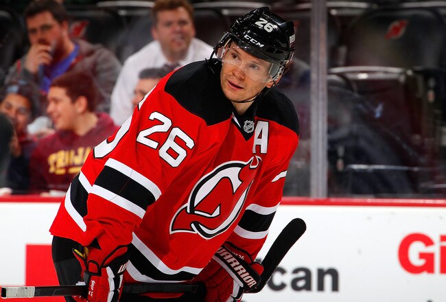 NEWARK, NJ - JANUARY 24:  Patrik Elias #26 of the New Jersey Devils waits for a faceoff during an NHL hockey game against the Buffalo Sabres at Prudential Center on January 24, 2012 in Newark, New Jersey.  (Photo by Paul Bereswill/Getty Images)