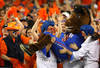 GLENDALE, AZ - JANUARY 04:  The Boise State Broncos mascot is picked up by some Broncos fans in the first half against the TCU Horned Frogs during the Tostitos Fiesta Bowl at the Universtity of Phoenix Stadium on January 4, 2010 in Glendale, Arizona.  (Photo by Christian Petersen/Getty Images)