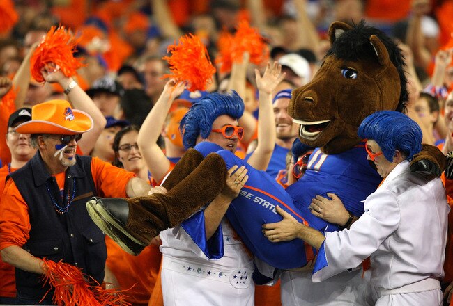 GLENDALE, AZ - JANUARY 04:  The Boise State Broncos mascot is picked up by some Broncos fans in the first half against the TCU Horned Frogs during the Tostitos Fiesta Bowl at the Universtity of Phoenix Stadium on January 4, 2010 in Glendale, Arizona.  (Photo by Christian Petersen/Getty Images)