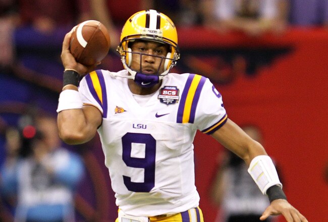 NEW ORLEANS, LA - JANUARY 09:  Jordan Jefferson #9 of the Louisiana State University Tigers looks to pass against the Alabama Crimson Tide during the 2012 Allstate BCS National Championship Game at Mercedes-Benz Superdome on January 9, 2012 in New Orleans, Louisiana.  (Photo by Andy Lyons/Getty Images)