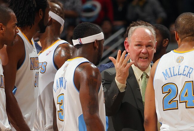 DENVER, CO - FEBRUARY 03:  Head coach George Karl of the Denver Nuggets directs Andre Miller #24 ,Ty Lawson #3, Nene Hilario #31 and Arron Afflalo #6 during a timeout against the Los Angeles Lakers at the Pepsi Center on February 3, 2012 in Denver, Colorado. NOTE TO USER: User expressly acknowledges and agrees that, by downloading and or using this photograph, User is consenting to the terms and conditions of the Getty Images License Agreement.  (Photo by Doug Pensinger/Getty Images)