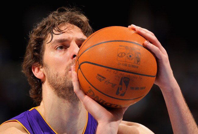 DENVER, CO - FEBRUARY 03:  Pau Gasol #16 of the Los Angeles Lakers takes a free throw against the Denver Nuggets at the Pepsi Center on February 3, 2012 in Denver, Colorado. NOTE TO USER: User expressly acknowledges and agrees that, by downloading and or using this photograph, User is consenting to the terms and conditions of the Getty Images License Agreement.  (Photo by Doug Pensinger/Getty Images)