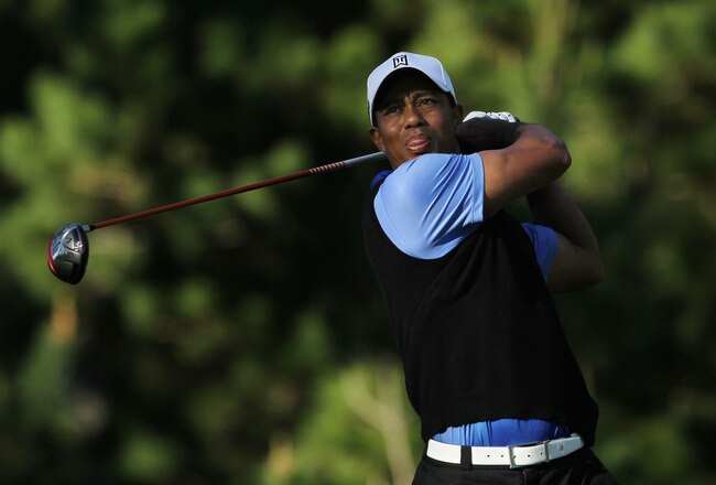 PEBBLE BEACH, CA - FEBRUARY 09:  Tiger Woods hits a tee shot on the ninth hole during the AT&T Pebble Beach National Pro-Am at the Spyglass Hill Golf on February 9, 2012 in Pebble Beach, California.  (Photo by Jeff Gross/Getty Images)