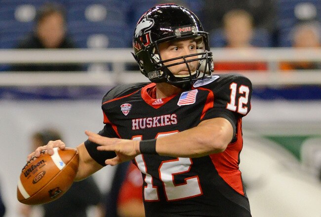DETROIT, MI - DECEMBER 02:  Chandler Harnish #12 of the Northern Illinois Huskies throws a pass in the first quarter of the MAC Championship game against the Ohio Bobcats at Ford Field on December 2, 2011 in Detroit, Michigan. The Huskies defeated the Bobcats 23-20.  (Photo by Mark A. Cunningham/Getty Images)