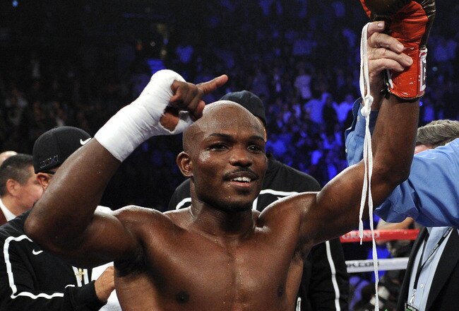 LAS VEGAS, NV - NOVEMBER 12:  Timothy Bradley celebrates his eighth round TKO victory against Joel Casamayor in their WBO junior welterweight title fight at the MGM Grand Garden Arena on November 12, 2011 in Las Vegas, Nevada.  (Photo by Harry How/Getty Images)