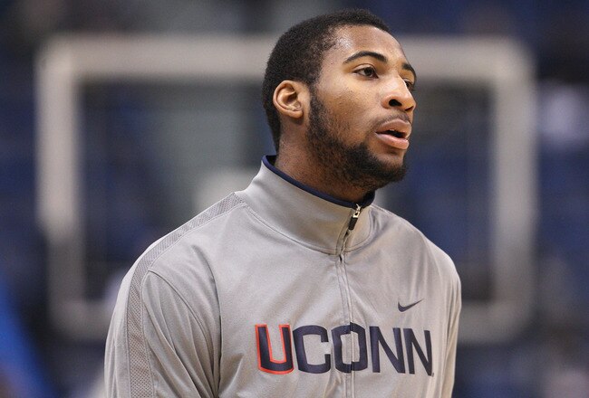 HARTFORD, CT - JANUARY 29:  Andre Drummond #12 of the Connecticut Huskies looks on before the game against the Notre Dame Fighting Irish on January 29, 2012 at the XL Center in Hartford, Connecticut.  (Photo by Elsa/Getty Images)