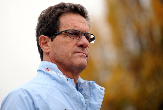 LONDON COLNEY, ENGLAND - NOVEMBER 14: England manger Fabio Capello looks on during the England training session on November 14, 2011 in London Colney, England.  (Photo by Michael Regan/Getty Images)