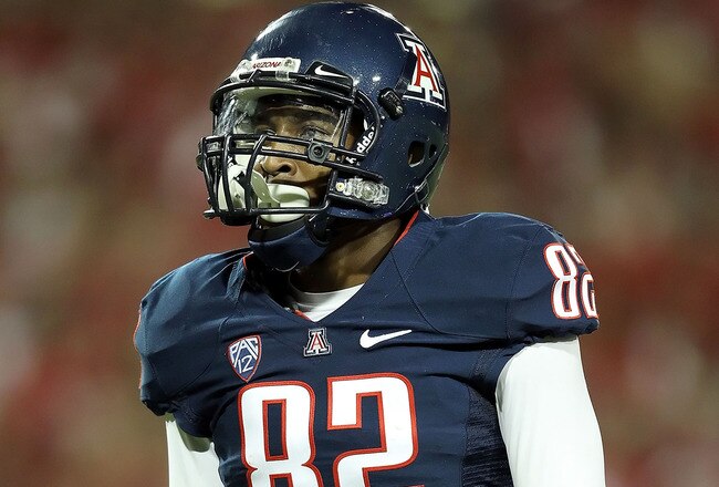 TUCSON, AZ - SEPTEMBER 17:  Wide receiver Juron Criner #82 of the Arizona Wildcats during the college football game against the Stanford Cardinal at Arizona Stadium on September 17, 2011 in Tucson, Arizona. The Cardinal defeated the Wildcats 37-10.  (Photo by Christian Petersen/Getty Images)