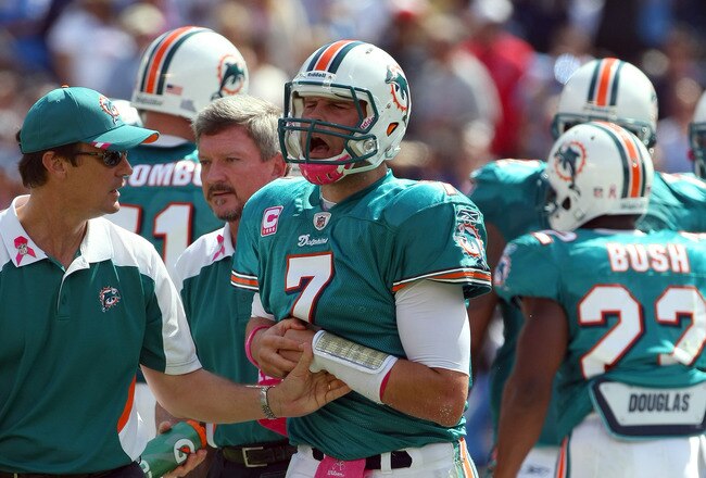 SAN DIEGO, CA - OCTOBER 2:   Quarterback Chad Henne #7 of Miami Dolphins walks off the field in pain with an injury against the San Diego Chargers during the first half of their NFL Game on October 2, 2011 at Qualcomm Stadium in San DIego, California. (Photo by Donald Miralle/Getty Images)
