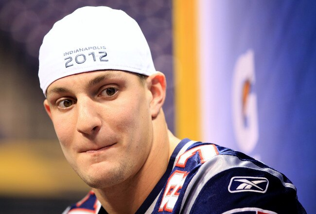 INDIANAPOLIS, IN - JANUARY 31:  Rob Gronkowski #87 of the New England Patriots answers questions from the media during Media Day ahead of Super Bowl XLVI against the New York Giants at Lucas Oil Stadium on January 31, 2012 in Indianapolis, Indiana.  (Photo by Scott Halleran/Getty Images)