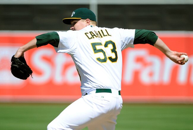 OAKLAND, CA - SEPTEMBER 22: Trevor Cahill #53 of the Oakland Athletics pitches against the Texas Rangers during an MLB basebll game at O.co Coliseum on September 22, 2011 in Oakland, California.  (Photo by Thearon W. Henderson/Getty Images)