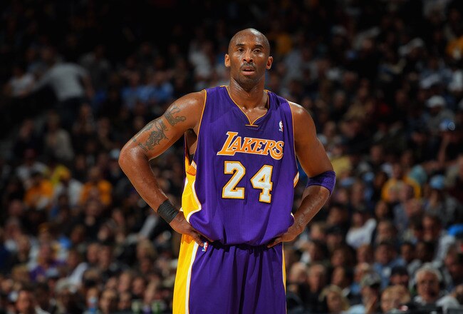 DENVER, CO - FEBRUARY 03:  Kobe Bryant #24 of the Los Angeles Lakers looks on during a break in the action against the Denver Nuggets at the Pepsi Center on February 3, 2012 in Denver, Colorado. NOTE TO USER: User expressly acknowledges and agrees that, by downloading and or using this photograph, User is consenting to the terms and conditions of the Getty Images License Agreement.  (Photo by Doug Pensinger/Getty Images)