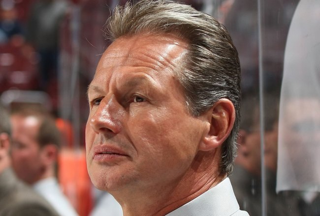 PHILADELPHIA - MARCH 26: Assistant Coach Mike Kitchen of the Florida Panthers watches practice prior to his game against the Philadelphia Flyers on March 26, 2009 at the Wachovia Center in Philadelphia, Pennsylvania. (Photo by Bruce Bennett/Getty Images)