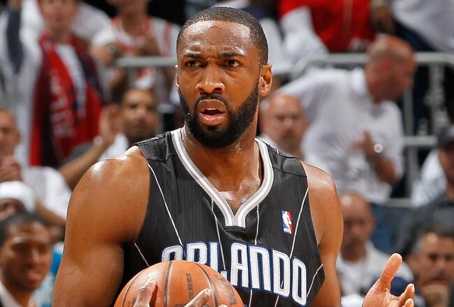ATLANTA, GA - APRIL 28:  Gilbert Arenas #1 of the Orlando Magic against the Atlanta Hawks during Game Six of the Eastern Conference Quarterfinals in the 2011 NBA Playoffs at Philips Arena on April 28, 2011 in Atlanta, Georgia.  NOTE TO USER: User expressly acknowledges and agrees that, by downloading and or using this photograph, User is consenting to the terms and conditions of the Getty Images License Agreement.  (Photo by Kevin C. Cox/Getty Images)