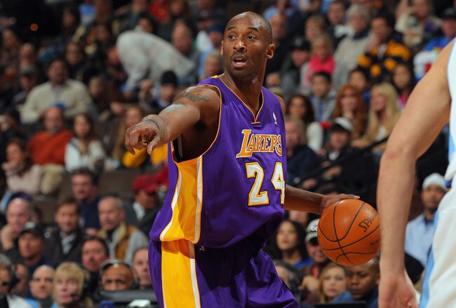 DENVER, CO - FEBRUARY 03:  Kobe Bryant #24 of the Los Angeles Lakers controls the ball against the Denver Nuggets at the Pepsi Center on February 3, 2012 in Denver, Colorado. NOTE TO USER: User expressly acknowledges and agrees that, by downloading and or using this photograph, User is consenting to the terms and conditions of the Getty Images License Agreement.  (Photo by Doug Pensinger/Getty Images)