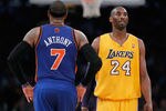 LOS ANGELES, CA - DECEMBER 29:  Carmelo Anthony #7 of the New York Knicks and Kobe Bryant #24 of the Los Angeles Lakers talk during the first half at Staples Center on December 29, 2011 in Los Angeles, California. NOTE TO USER: User expressly acknowledges and agrees that, by downloading and or using this photograph, User is consenting to the terms and conditions of the Getty Images License Agreement.  (Photo by Jeff Gross/Getty Images)