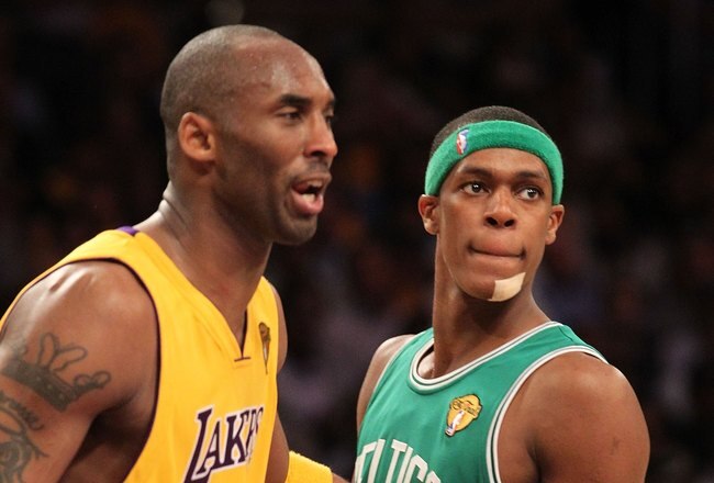 LOS ANGELES, CA - JUNE 15:  Rajon Rondo #9 of the Boston Celtics looks on as he stands next to Kobe Bryant #24 of the Los Angeles Lakers in Game Six of the 2010 NBA Finals at Staples Center on June 15, 2010 in Los Angeles, California.  NOTE TO USER: User expressly acknowledges and agrees that, by downloading and/or using this Photograph, user is consenting to the terms and conditions of the Getty Images License Agreement.  (Photo by Ronald Martinez/Getty Images)