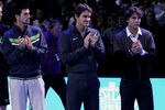 LONDON, ENGLAND - NOVEMBER 21:  (L-R) Andy Murray of Great Britain, Novak Djokovic of Siberia, Roger Federer of Switzerland and Rafael Nadal of Spain attend a ceremony for Carlos Moya's retirement during the Barclays ATP World Tour Finals at O2 Arena on November 21, 2010 in London, England.  (Photo by Clive Brunskill/Getty Images)