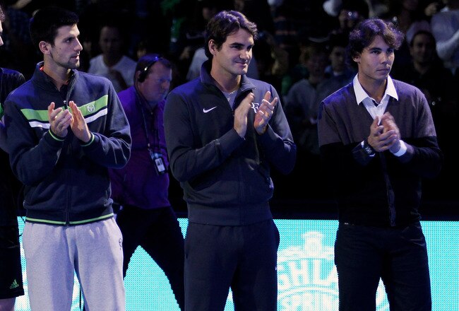 LONDON, ENGLAND - NOVEMBER 21:  (L-R) Andy Murray of Great Britain, Novak Djokovic of Siberia, Roger Federer of Switzerland and Rafael Nadal of Spain attend a ceremony for Carlos Moya's retirement during the Barclays ATP World Tour Finals at O2 Arena on November 21, 2010 in London, England.  (Photo by Clive Brunskill/Getty Images)