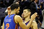 WASHINGTON, DC - FEBRUARY 08: Landry Fields #2 of the New York Knicks and Jeremy Lin #17 celebrate after the Knicks defeated the Washington Wizards  at Verizon Center on February 8, 2012 in Washington, DC.  NOTE TO USER: User expressly acknowledges and agrees that, by downloading and or using this photograph, User is consenting to the terms and conditions of the Getty Images License Agreement.  (Photo by Rob Carr/Getty Images)