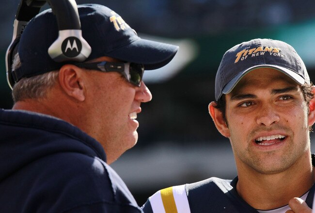 EAST RUTHERFORD, NJ - SEPTEMBER 18: Head coach of the New York Jets, Rex Ryan talks with quarterback Mark Sanchez #6 against the Jacksonville Jaguars at MetLife Stadium on September 18, 2011 in East Rutherford, New Jersey.  (Photo by Nick Laham/Getty Images)
