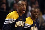 BOSTON, MA - JANUARY 06:  Dahntay Jones #1 of the Indiana Pacers cheers on his teammates in the fourth quarter against the Boston Celtics on January 6, 2012 at TD Garden in Boston, Massachusetts. The Indiana Pacers defeated the Boston Celtics 87-74. NOTE TO USER: User expressly acknowledges and agrees that, by downloading and or using this photograph, User is consenting to the terms and conditions of the Getty Images License Agreement.  (Photo by Elsa/Getty Images)