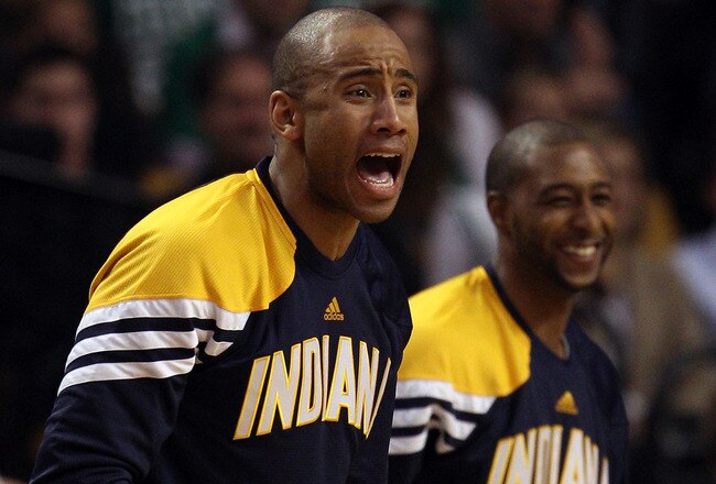 BOSTON, MA - JANUARY 06:  Dahntay Jones #1 of the Indiana Pacers cheers on his teammates in the fourth quarter against the Boston Celtics on January 6, 2012 at TD Garden in Boston, Massachusetts. The Indiana Pacers defeated the Boston Celtics 87-74. NOTE TO USER: User expressly acknowledges and agrees that, by downloading and or using this photograph, User is consenting to the terms and conditions of the Getty Images License Agreement.  (Photo by Elsa/Getty Images)