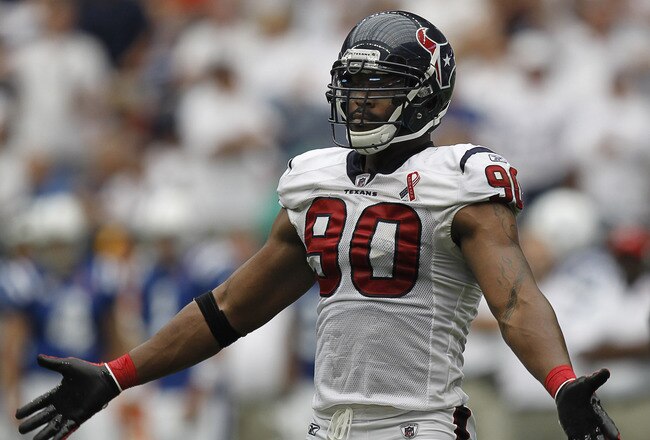 HOUSTON - SEPTEMBER 11:  Mario Williams #90 of the Houston Texans during game action against the Indianapolis Colts at Reliant Stadium on September 11, 2011 in Houston, Texas. The Texans won 34-7.  (Photo by Bob Levey/Getty Images)