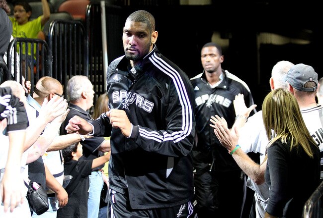 SAN ANTONIO, TX - APRIL 27:  Tim Duncan #21 of the San Antionio Spurs enters the court prior to his game against the Memphis Grizzlies in Game Five of the Western Conference Quarterfinals in the 2011 NBA Playoffs on April 27, 2011 at AT&T Center in San Antonio, Texas. NOTE TO USER: User expressly acknowledges and agrees that, by downloading and or using this photograph, User is consenting to the terms and conditions of the Getty Images License Agreement.  (Photo by Jed Jacobsohn/Getty Images)