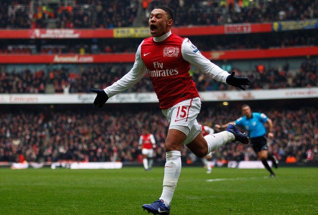 LONDON, ENGLAND - FEBRUARY 04:  Alex Oxlade-Chamberlain of Arsenal celebrates after he scores Arsenals third goal during the Barclays Premier League match between Arsenal and Blackburn Rovers at Emirates Stadium on February 4, 2012 in London, England.  (Photo by Paul Gilham/Getty Images)