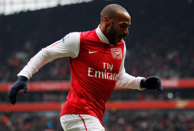 LONDON, ENGLAND - FEBRUARY 04:  Thierry Henry of Arsenal celebrates after scoring Arsenal's seventh goal of the match during the Barclays Premier League match between Arsenal and Blackburn Rovers at Emirates Stadium on February 4, 2012 in London, England.  (Photo by Paul Gilham/Getty Images)