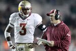 CHESTNUT HILL, MA - NOVEMBER 03:  EJ Manuel #3 and head coach Jimbo Fisher of the Florida State Seminoles discuss a play in the second half against the Boston College Eagles on November 3, 2011 at Alumni Stadium in Chestnut Hill, Massachusetts. The Florida State Seminoles defeated the Boston College Eagles 38-7.  (Photo by Elsa/Getty Images)