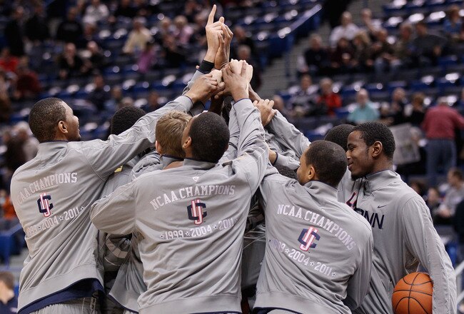 HARTFORD, CT - JANUARY 29:  The Connecticut Huskies gather before their game against the Notre Dame Fighting Irish on January 29, 2012 at the XL Center in Hartford, Connecticut.  (Photo by Elsa/Getty Images)