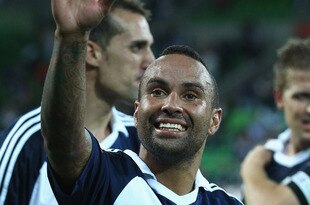 MELBOURNE, AUSTRALIA - FEBRUARY 10: Archie Thompson of the Victory waves to the crowd after the Victory defeated the Mariners during the round 19 A-League match between the Melbourne Victory and the Central Coast Mariners at AAMI Park on February 10, 2012 in Melbourne, Australia.  (Photo by Robert Cianflone/Getty Images)
