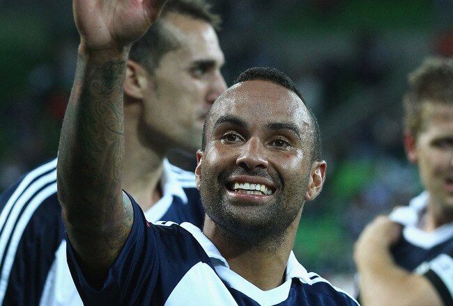 MELBOURNE, AUSTRALIA - FEBRUARY 10: Archie Thompson of the Victory waves to the crowd after the Victory defeated the Mariners during the round 19 A-League match between the Melbourne Victory and the Central Coast Mariners at AAMI Park on February 10, 2012 in Melbourne, Australia.  (Photo by Robert Cianflone/Getty Images)