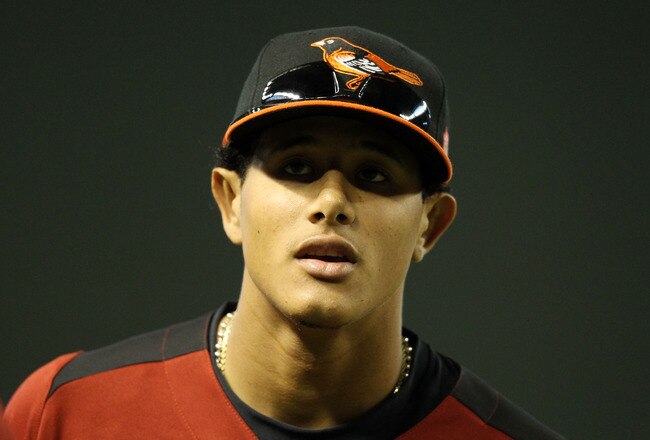 PHOENIX, AZ - JULY 10:  U.S. Futures All-Star Manny Machado #3 of the Baltimore Orioles looks on during batting practice for the 2011 XM All-Star Futures Game at Chase Field on July 10, 2011 in Phoenix, Arizona.  (Photo by Christian Petersen/Getty Images)