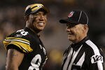 PITTSBURGH, PA - AUGUST 27:  Hines Ward #86 of the Pittsburgh Steelers chats with side judge Larry Rose during a pre-season game against the Atlanta Falcons on August 27, 2011 at Heinz Field in Pittsburgh, Pennsylvania.  The Steelers defeated the Falcons 34-16.  (Photo by Justin K. Aller/Getty Images)