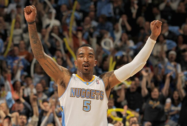 DENVER, CO - APRIL 25:  J.R. Smith #5 of the Denver Nuggets reacts after scoring against the Oklahoma City Thunder in Game Four of the Western Conference Quarterfinals in the 2011 NBA Playoffs on April 24, 2011 at the Pepsi Center in Denver, Colorado. NOTE TO USER: User expressly acknowledges and agrees that, by downloading and or using this photograph, User is consenting to the terms and conditions of the Getty Images License Agreement.  (Photo by Doug Pensinger/Getty Images)