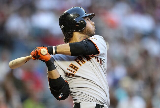 PHOENIX, AZ - JUNE 14:  Brandon Crawford #35 of the San Francisco Giants bats against the Arizona Diamondbacks during the Major League Baseball game at Chase Field on June 14, 2011 in Phoenix, Arizona.  (Photo by Christian Petersen/Getty Images)