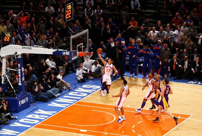 NEW YORK, NY - FEBRUARY 10:  Jeremy Lin #17 of the New York Knicks drives for a shot attempt in the first quarter against the Los Angeles Lakers at Madison Square Garden on February 10, 2012 in New York City.  NOTE TO USER: User expressly acknowledges and agrees that, by downloading and or using this photograph, User is consenting to the terms and conditions of the Getty Images License Agreement.  (Photo by Chris Chambers/Getty Images)