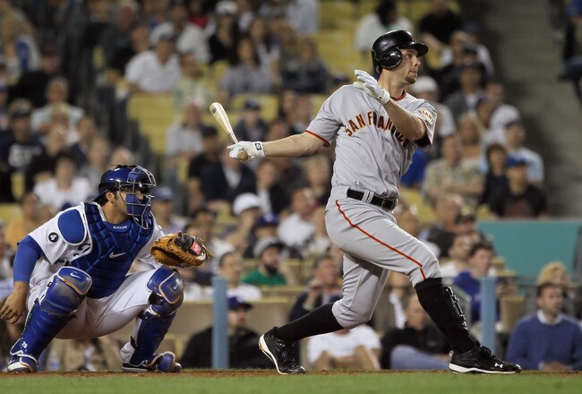 LOS ANGELES, CA - APRIL 01:  Brandon Belt #9 of the San Francisco Giants bats against the Los Angeles Dodgers at Dodger Stadium on April 1, 2011 in Los Angeles, California.  (Photo by Jeff Gross/Getty Images)