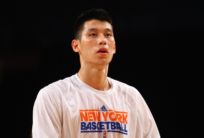 NEW YORK, NY - FEBRUARY 10:  Jeremy Lin #17 of the New York Knicks looks on as he warms up against the Los Angeles Lakers at Madison Square Garden on February 10, 2012 in New York City.  NOTE TO USER: User expressly acknowledges and agrees that, by downloading and or using this photograph, User is consenting to the terms and conditions of the Getty Images License Agreement.  (Photo by Chris Chambers/Getty Images)