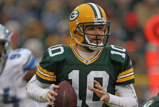 GREEN BAY, WI - JANUARY 01:  Matt Flynn #10 of the Green Bay Packerslooks for a receiver against the Detroit Lions at Lambeau Field on January 1, 2012 in Green Bay, Wisconsin. The Packers defeated the Lions 45-41.  (Photo by Jonathan Daniel/Getty Images)