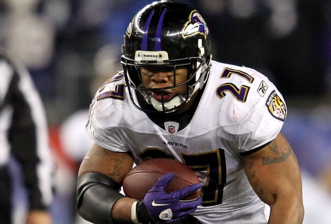 FOXBORO, MA - JANUARY 22:   Ray Rice #27 of the Baltimore Ravens in action against the New England Patriots during their AFC Championship Game at Gillette Stadium on January 22, 2012 in Foxboro, Massachusetts.  (Photo by Jim Rogash/Getty Images)