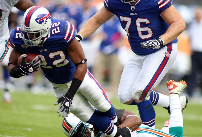 MIAMI GARDENS, FL - NOVEMBER 20:  Running back Fred Davis #22 of the Buffulo Bills is brought down by Safety Yeremiah Bell #37 of the Miami Dolphins at Sun Life Stadium on November 20, 2011 in Miami Gardens, Florida.  (Photo by Marc Serota/Getty Images)