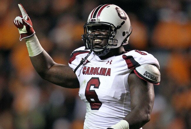 KNOXVILLE, TN - OCTOBER 29: Melvin Ingram #6 of the South Carolina Gamecocks celebrates during the game against the Tennessee Volunteers at Neyland Stadium on October 29, 2011 in Knoxville, Tennessee.  (Photo by Andy Lyons/Getty Images)