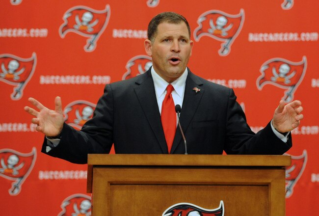 TAMPA, FL - JANUARY 27:  Coach Greg Schiano of the Tampa Bay Buccaneers speaks to the media at an introduction press conference at the team training facility January 27, 2012 in Tampa, Florida. (Photo by Al Messerschmidt/Getty Images)