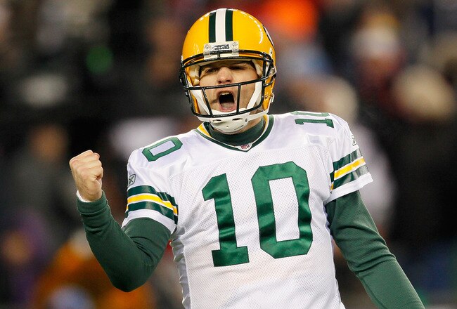 FOXBORO, MA - DECEMBER 19:  Quarterback Matt Flynn #10 of the Green Bay Packers celebrates a touchdown during the second quarter of the game against the New England Patriots at Gillette Stadium on December 19, 2010 in Foxboro, Massachusetts.  (Photo by Jim Rogash/Getty Images)