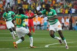 NELSPRUIT, SOUTH AFRICA - JUNE 25:  Yaya Toure of the Ivory Coast (C) celebrates scoring the opening goal with  team mate Gervinho during the 2010 FIFA World Cup South Africa Group G match between North Korea and Ivory Coast at the Mbombela Stadium on June 25, 2010 in Nelspruit, South Africa.  (Photo by Clive Rose/Getty Images)